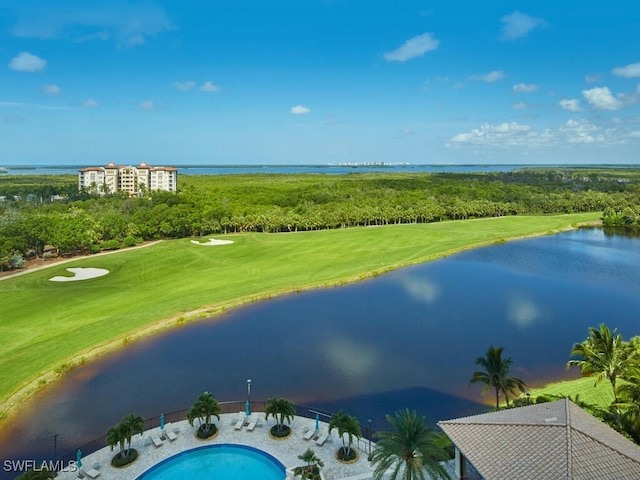 drone / aerial view with a water view