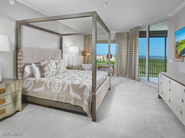4800 Pelican Colony Blvd Unit 803, Bonita Springs, FL 34134 - bedroom featuring access to exterior, light colored carpet, expansive windows, and crown molding