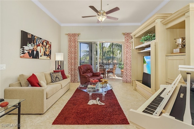 tiled living room featuring ceiling fan and ornamental molding