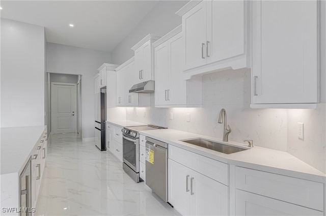 kitchen featuring white cabinets, decorative backsplash, stainless steel appliances, and sink