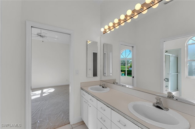 bathroom featuring vanity, tile patterned floors, and ceiling fan