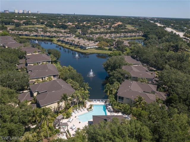 drone / aerial view featuring a water view