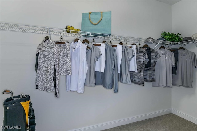 walk in closet featuring carpet flooring