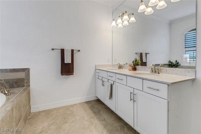 bathroom featuring tiled bath, tile patterned flooring, vanity, and ornamental molding