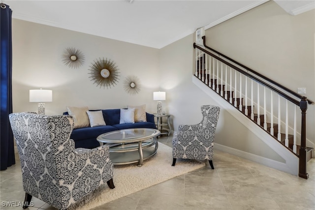 tiled living room with crown molding