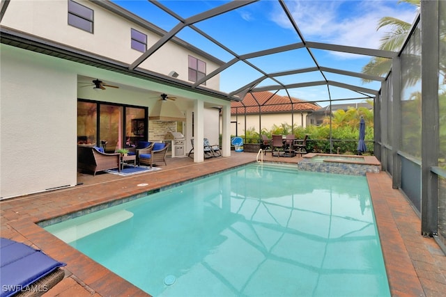 view of swimming pool with a lanai, ceiling fan, an outdoor living space, and a patio area