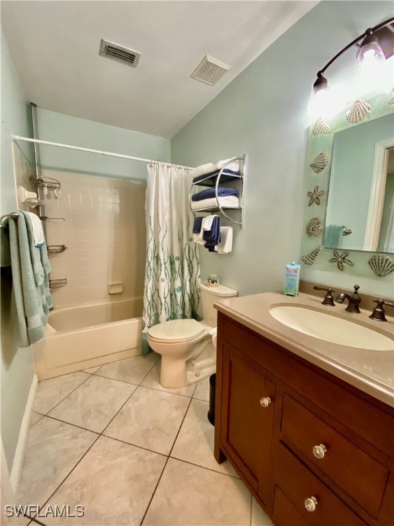 full bathroom featuring toilet, vanity, tile patterned floors, and shower / bathtub combination with curtain