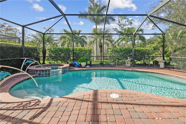 view of swimming pool featuring central AC and glass enclosure