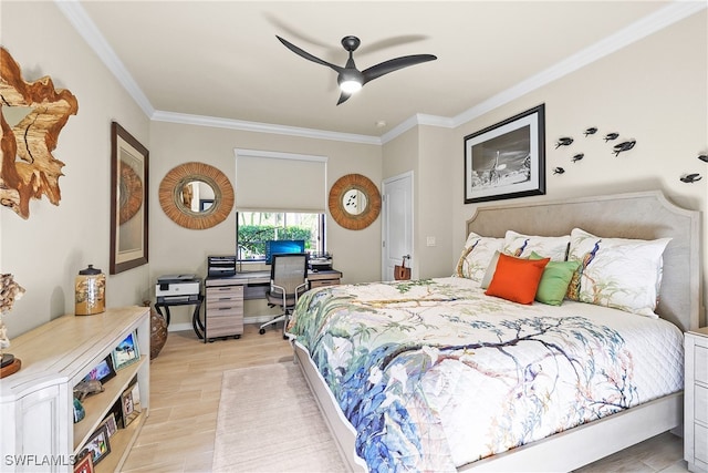 bedroom with ceiling fan, light hardwood / wood-style floors, and crown molding