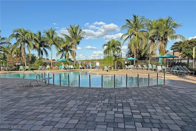 view of swimming pool with a patio area