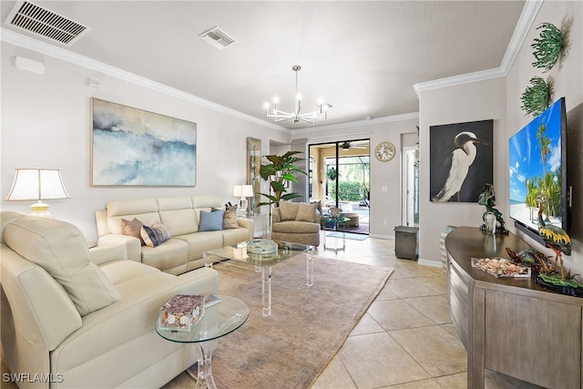 tiled living room featuring an inviting chandelier and crown molding