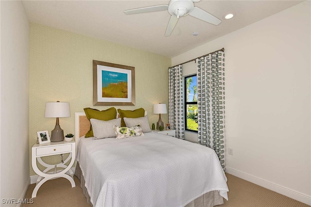 bedroom featuring carpet floors and ceiling fan