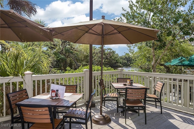 wooden deck featuring a water view