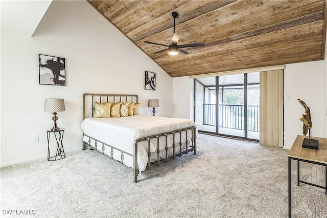 bedroom with light colored carpet, lofted ceiling, access to exterior, wooden ceiling, and ceiling fan