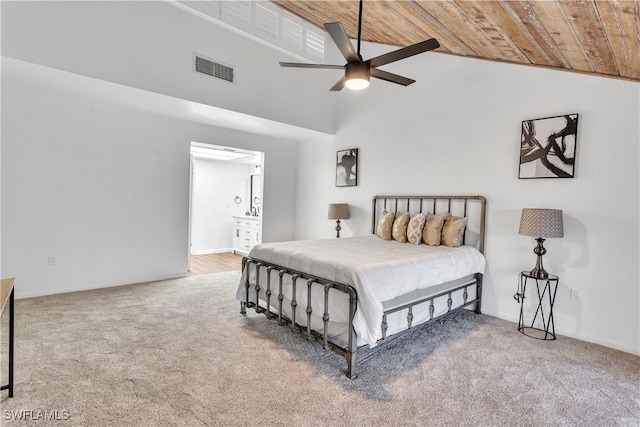 bedroom with high vaulted ceiling, carpet flooring, wooden ceiling, and ceiling fan