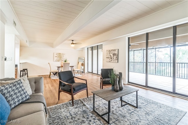 living room featuring hardwood / wood-style floors, beamed ceiling, and wood ceiling