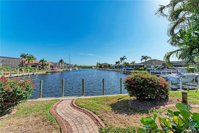 view of water feature with a boat dock