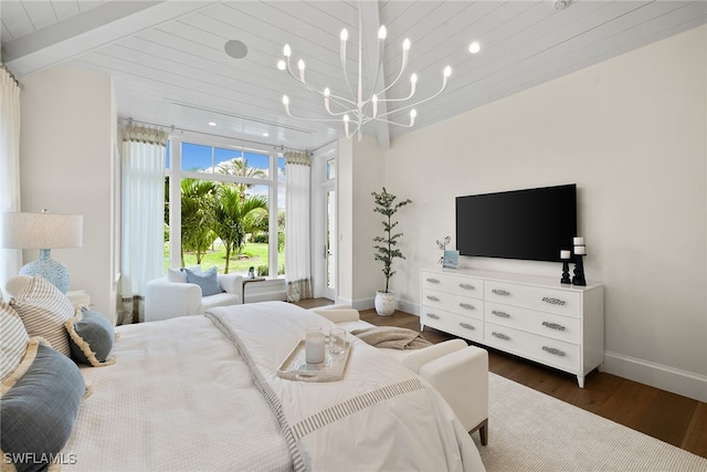 bedroom with beam ceiling, wood ceiling, dark wood-type flooring, and a chandelier