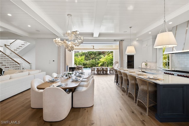 dining space with hardwood / wood-style floors, sink, wood ceiling, and beam ceiling