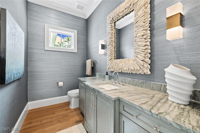 bathroom with vanity, hardwood / wood-style flooring, and toilet