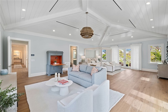 living room with vaulted ceiling with beams, wood ceiling, and light wood-type flooring