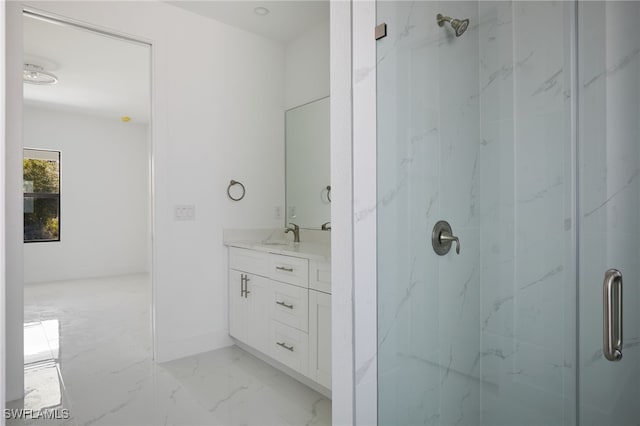 735 Goldrock Rd, Lehigh Acres, FL 33974 - full bathroom featuring marble finish flooring, a marble finish shower, vanity, and baseboards