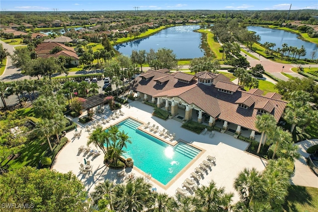 drone / aerial view with a water view