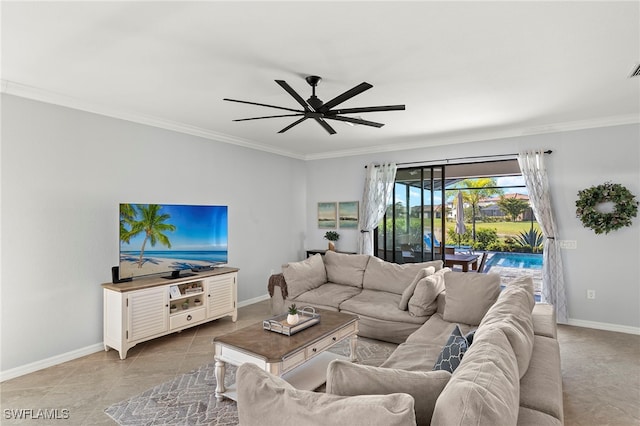 living room with ceiling fan, crown molding, and light tile patterned flooring