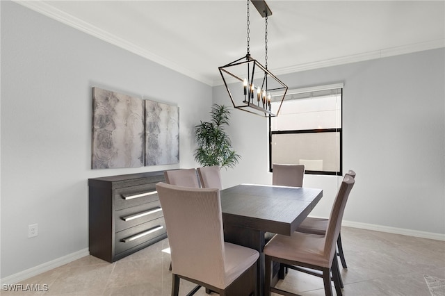 dining room featuring a notable chandelier, light tile patterned flooring, and ornamental molding