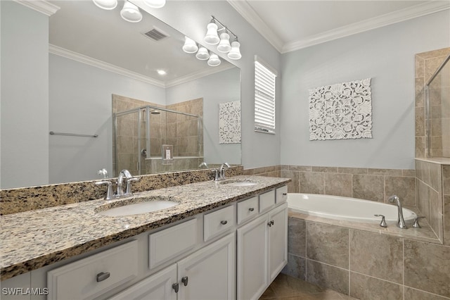 bathroom with independent shower and bath, crown molding, and vanity