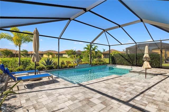 view of swimming pool with a lanai and a patio area