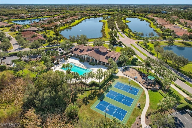 bird's eye view with a water view