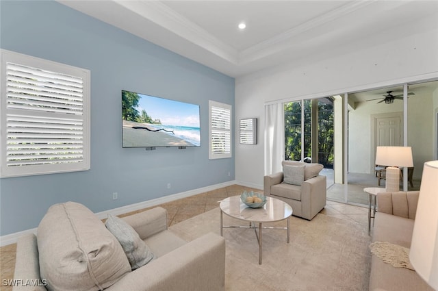 living area featuring light tile patterned floors, baseboards, recessed lighting, ceiling fan, and ornamental molding