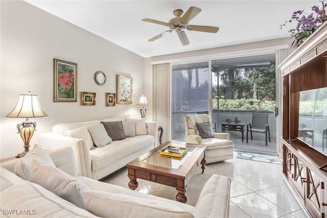 living room featuring ceiling fan