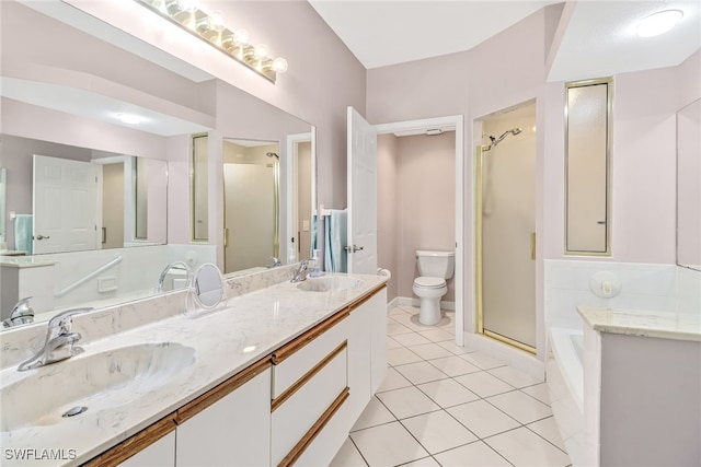 full bathroom with toilet, independent shower and bath, vanity, and tile patterned flooring