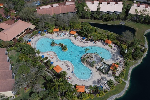 birds eye view of property featuring a water view