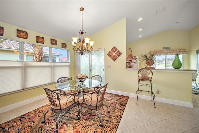 dining room with tile patterned floors, a chandelier, lofted ceiling, recessed lighting, and baseboards