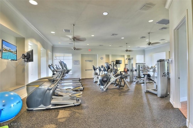 exercise room featuring a ceiling fan, recessed lighting, crown molding, and baseboards