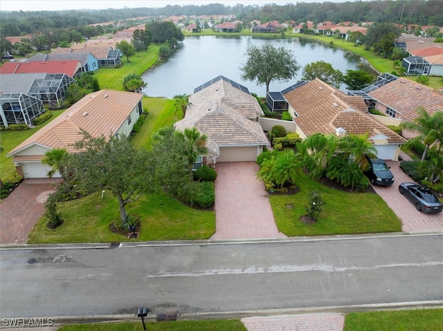 drone / aerial view featuring a water view