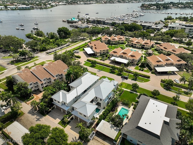 aerial view featuring a water view