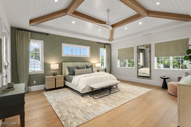 bedroom featuring lofted ceiling with beams, light hardwood / wood-style floors, and wood ceiling