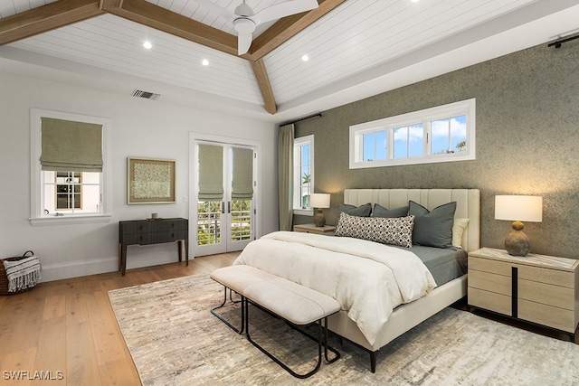 bedroom with access to outside, light hardwood / wood-style floors, multiple windows, and ceiling fan