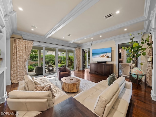 living room featuring hardwood / wood-style floors, french doors, and ornamental molding