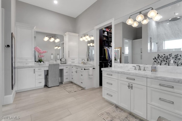 bathroom with vanity, hardwood / wood-style flooring, and walk in shower