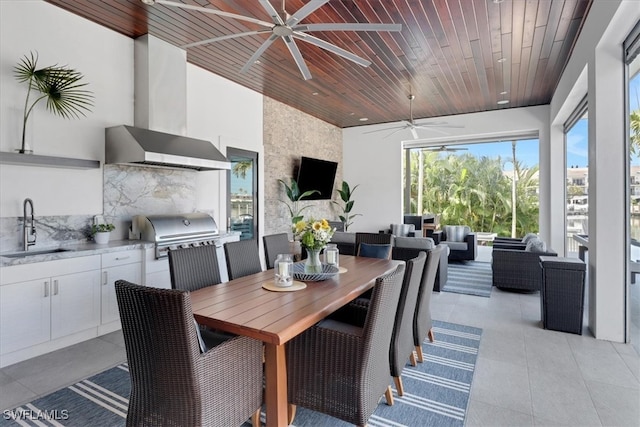 dining room with ceiling fan, wood ceiling, and sink