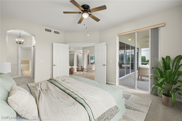 bedroom with carpet flooring, access to exterior, and ceiling fan