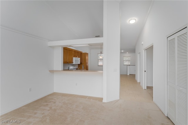 kitchen featuring kitchen peninsula, light colored carpet, sink, and crown molding