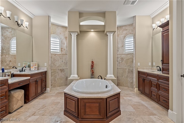 bathroom with crown molding and tile walls