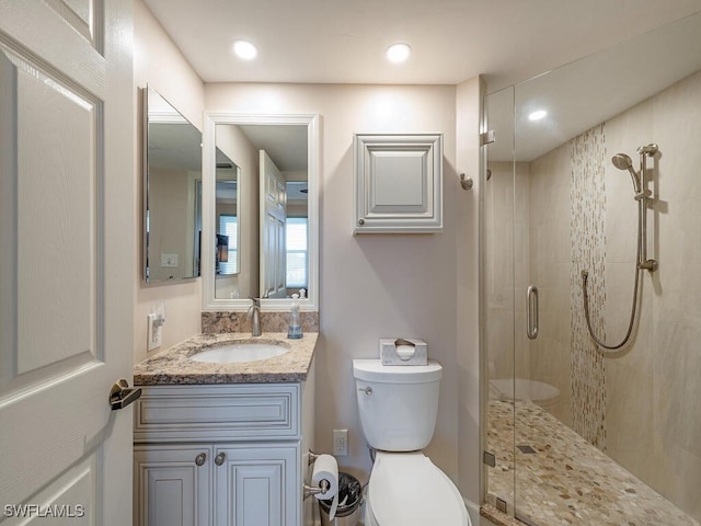 bathroom featuring vanity, toilet, and a shower with shower door