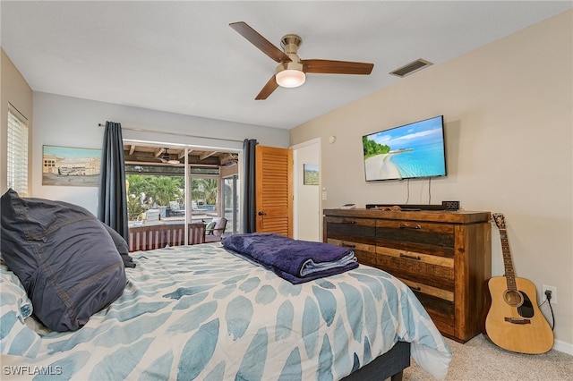 bedroom with carpet flooring, ceiling fan, and access to exterior